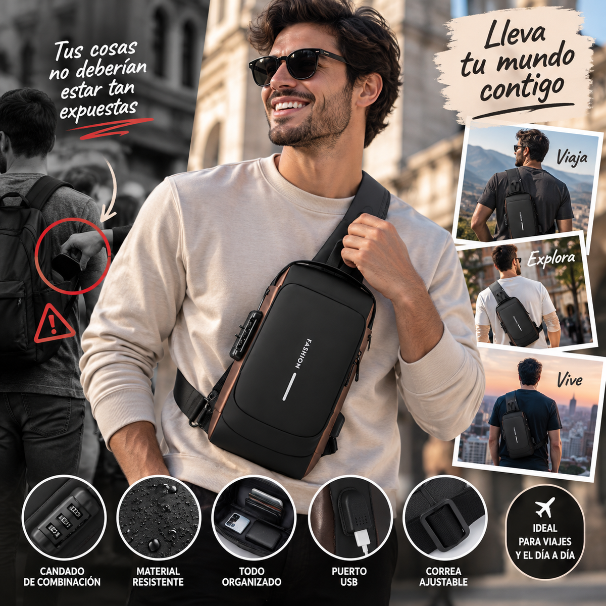 Bolsa Pechera Antirrobo | Protege y Lleva tus Cosas Siempre Contigo + 🎁 Guía “7 Claves para Viajar Más Seguro” + Envío Gratis