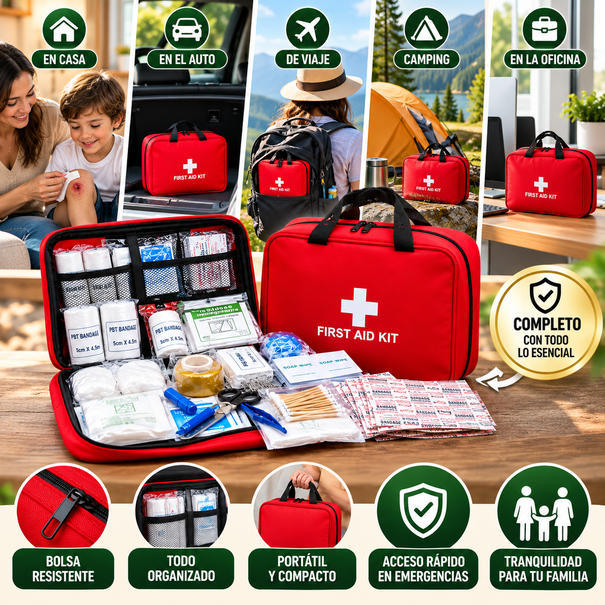 Kit Botiquín de Primeros Auxilios Equipado | Prepárate para los Imprevistos en Casa, Auto o Viajes + 🎁 Guía de Primeros Auxilios + Envío Gratis