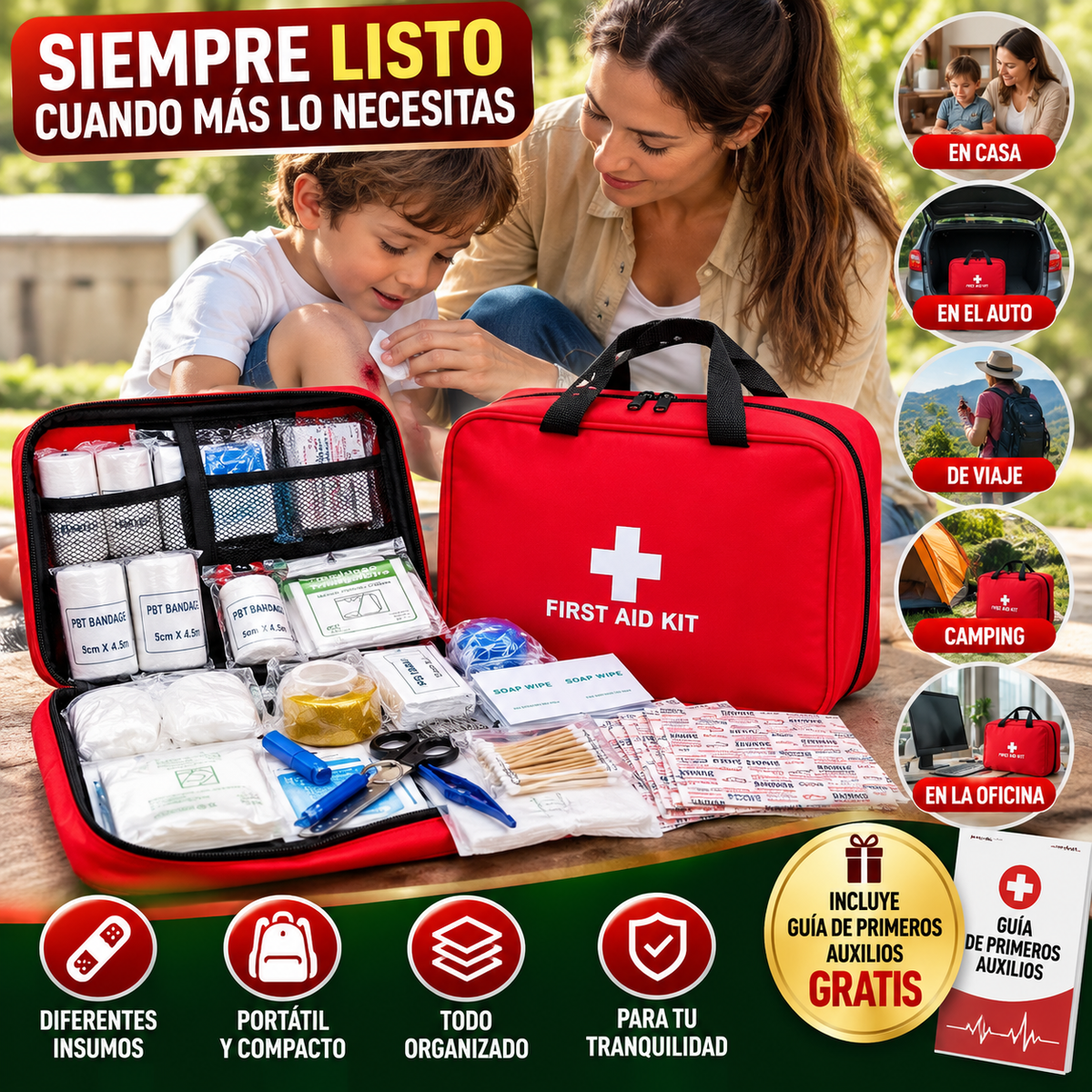 Kit Botiquín de Primeros Auxilios Equipado | Prepárate para los Imprevistos en Casa, Auto o Viajes + 🎁 Guía de Primeros Auxilios + Envío Gratis