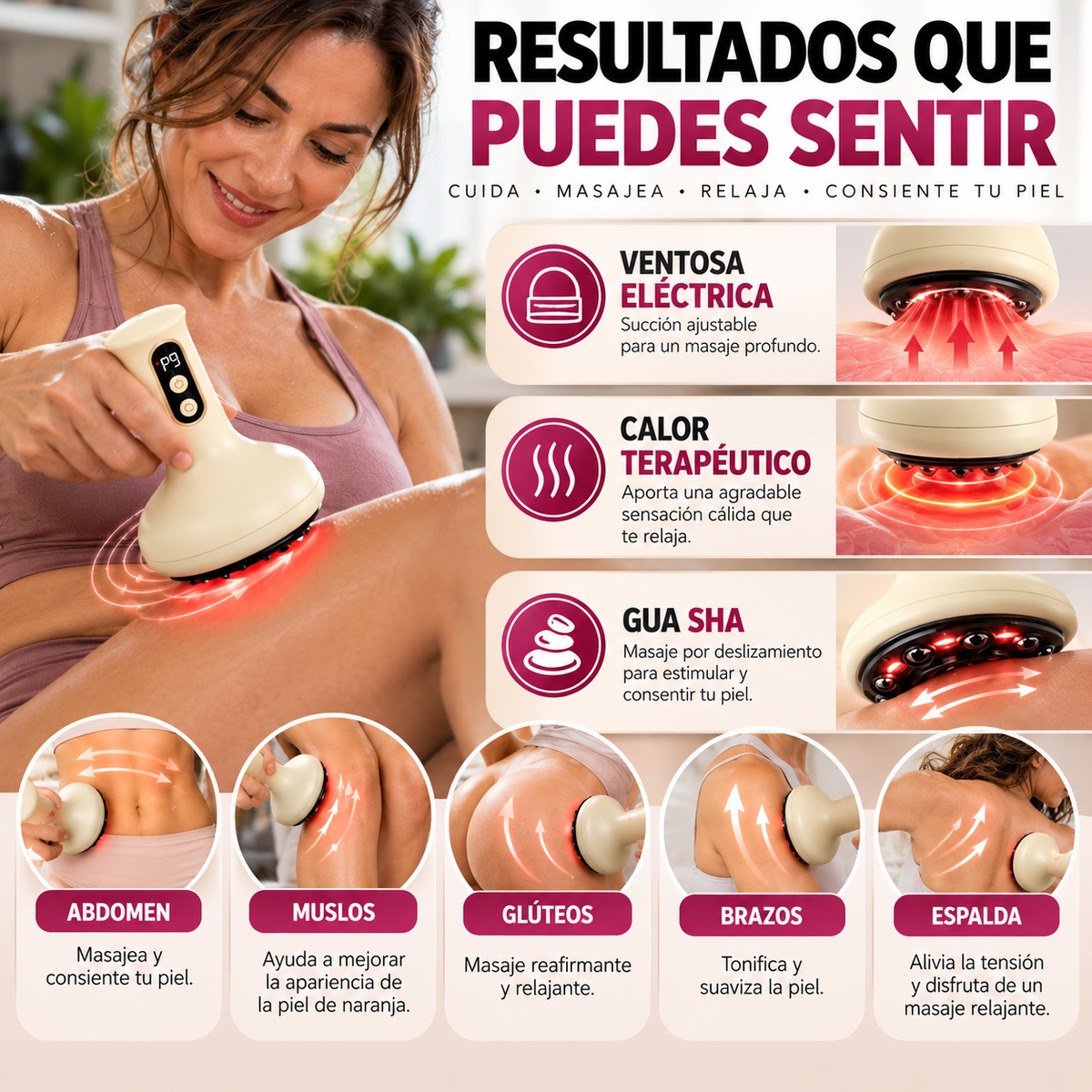 3 en 1 BodySculpt Spa™| Masajeador Anticelulitis con Ventosa, Calor y Gua Sha + 🎁 Guía “10 Rutinas de Masaje Corporal de 5 Minutos” + Envío GRATIS